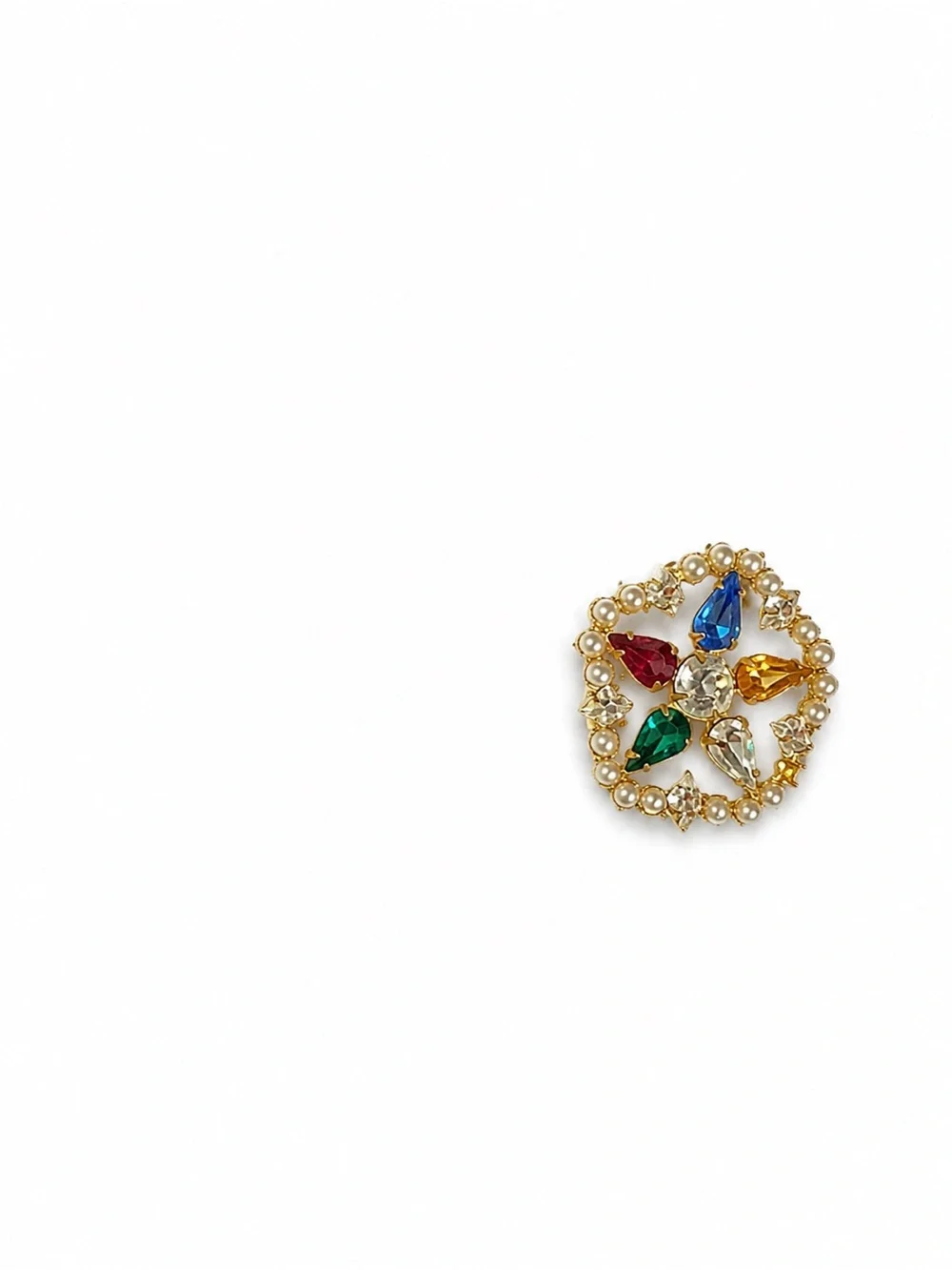Vintage B David Brooch Multicolor Rhinestone Faux Pearl Gold Tone Wreath Signed